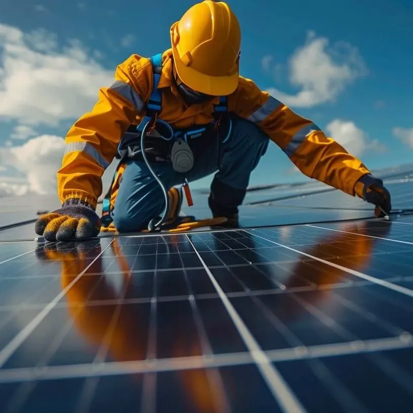 Installer fixing solar panels on a flat roof