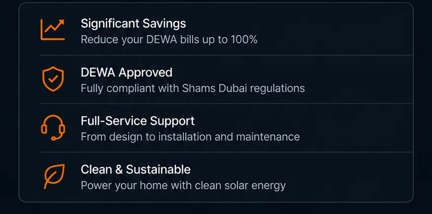 Ощутимая экономия на счетах DEWA, одобрение DEWA по программе Shams Dubai, полный цикл от проекта до монтажа и обслуживания, чистая и устойчивая энергия.