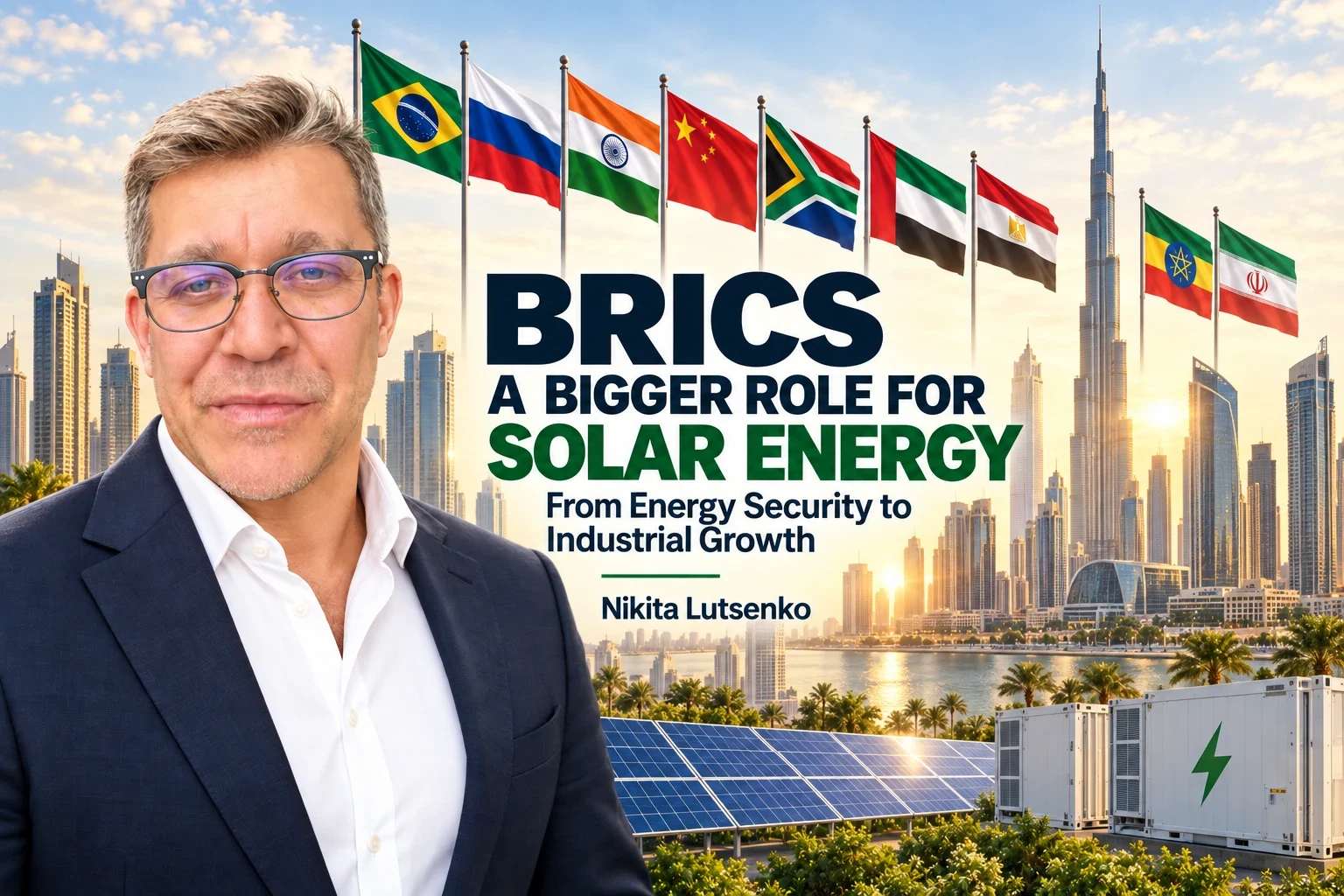 Article poster: BRICS, a bigger role for solar energy - from energy security to industrial growth. Nikita Lutsenko against the Dubai skyline with BRICS member flags, a solar array and battery containers